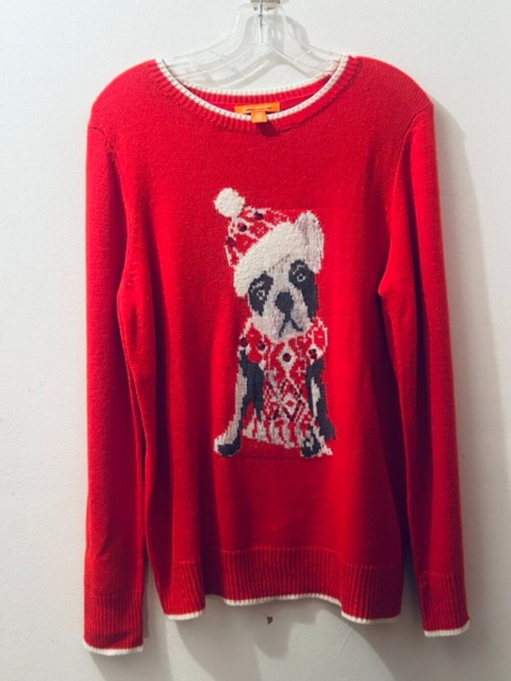 Joe Fresh Cherry Red Santa French Bull Dog Fair Isle Style Holiday Sweater